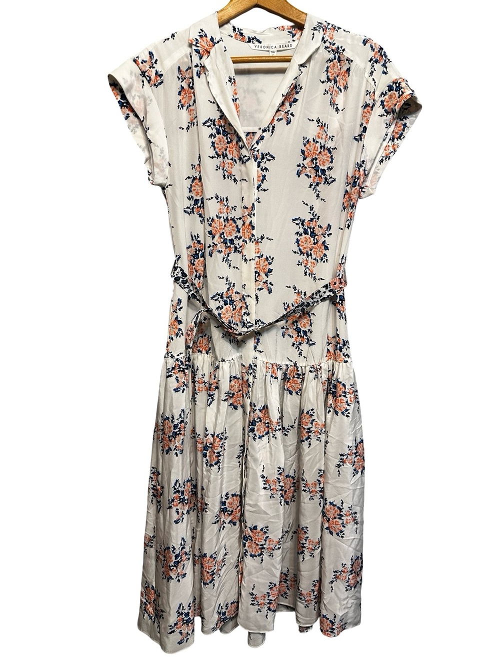 Veronica Beard Meagan Dress Size 2 Silk White Floral Belted Button Front Luxury